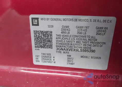 2020 Chevrolet Equinox Awd Lt 2.0L Turbo from USA, damaged, VIN 3GNAXVEX9LS595390